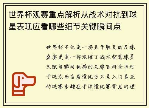 世界杯观赛重点解析从战术对抗到球星表现应看哪些细节关键瞬间点