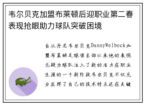 韦尔贝克加盟布莱顿后迎职业第二春表现抢眼助力球队突破困境 韦尔贝克加盟布莱顿后迎职业第二春表现抢眼助力球队突破困境